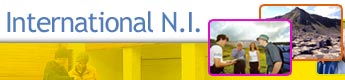 Left half of the Hostelling International N.I. logo. Right, an image of the Giants Causeway and an image of 3 males and a female hillwalking.