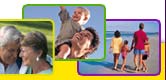 There is an image of an elderly couple hugging, an image of a father with his son on his shoulders and an image  of a falily walking on a beach.